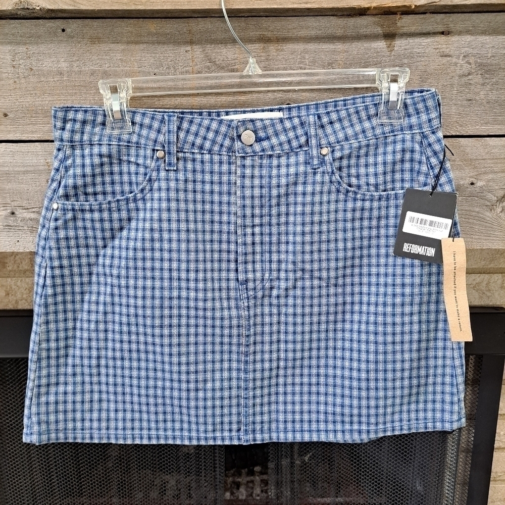Reformation NEW Cher Mini Skirt in Valley Plaid Size 32 Blue and White Preppy